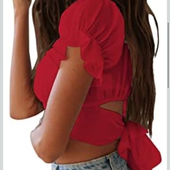 LYANER Women's Ruffle Short Sleeve Tie Up Back Crop Top Off Shoulder Blouse NWOT - Picture 3 of 8